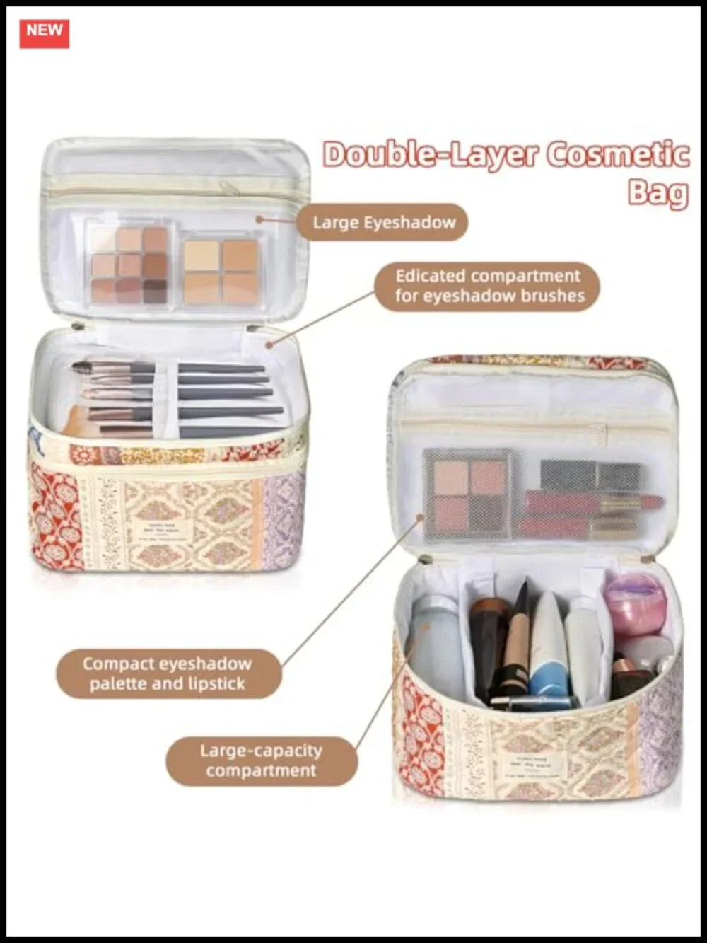 Quilted Cotton Cosmetic Bag Large Capacity Travel Makeup Organizer with Zipper